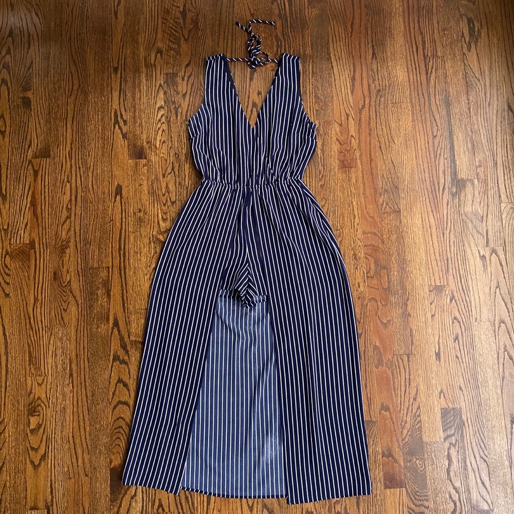 Women’s navy and white striped romper